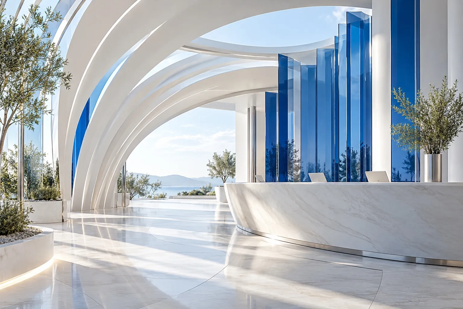 Illustrative architectural concept of a bright event arrival space with sculptural white arches, blue glass and a registration counter.